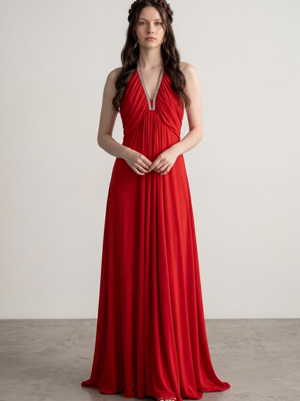 Vintage 70s red halter rhinestone maxi dress Old Hollywood Special occasion